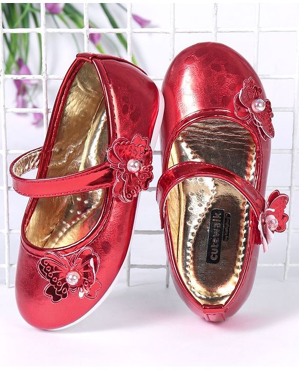 Cute Walk by Babyhug Party Wear Belly Shoes Butterfly Motifs - Red