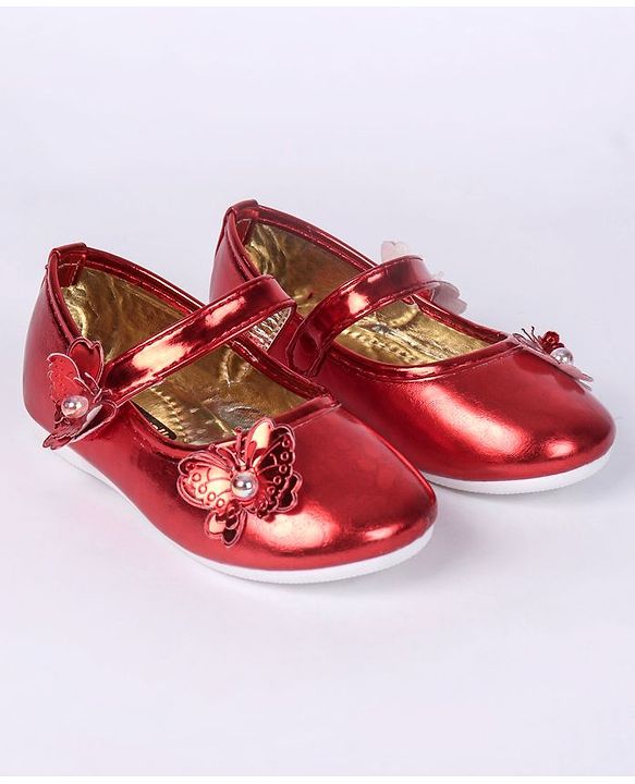 Cute Walk by Babyhug Party Wear Belly Shoes Butterfly Motifs - Red