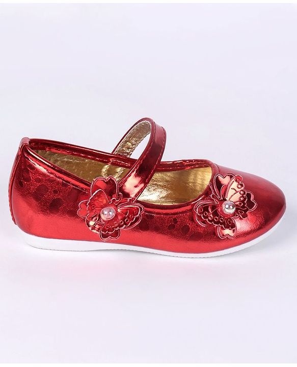 Cute Walk by Babyhug Party Wear Belly Shoes Butterfly Motifs - Red