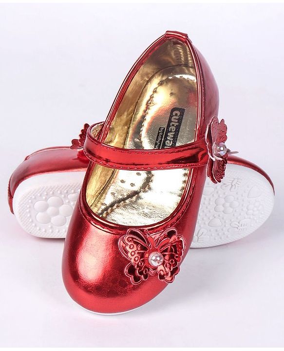 Cute Walk by Babyhug Party Wear Belly Shoes Butterfly Motifs - Red
