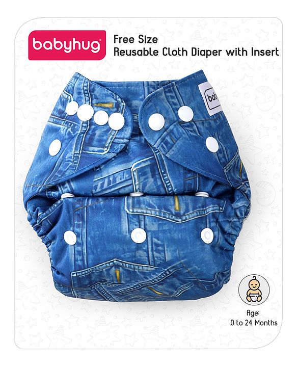 Babyhug Free Size Reusable Cloth Diaper With Insert Denim Print - Blue
