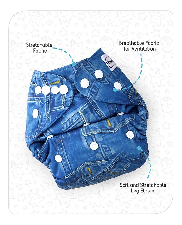 Babyhug Free Size Reusable Cloth Diaper With Insert Denim Print - Blue