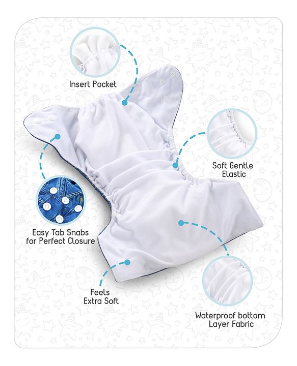 Babyhug Free Size Reusable Cloth Diaper With Insert Denim Print - Blue