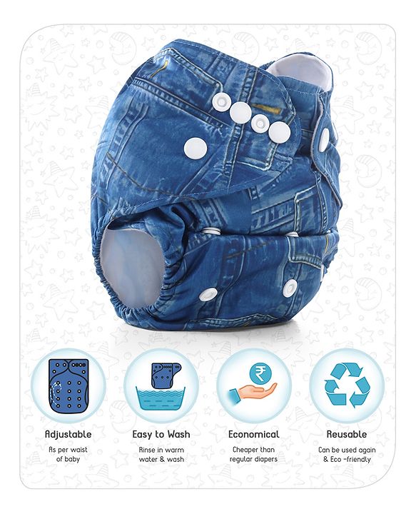 Babyhug Free Size Reusable Cloth Diaper With Insert Denim Print - Blue