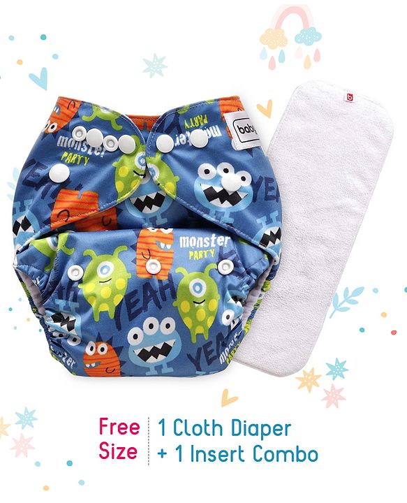 Babyhug Free Size Reusable Cloth Diaper With Insert Monster Print - Blue (Packaging May Vary)