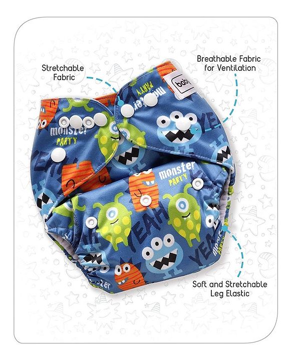 Babyhug Free Size Reusable Cloth Diaper With Insert Monster Print - Blue (Packaging May Vary)