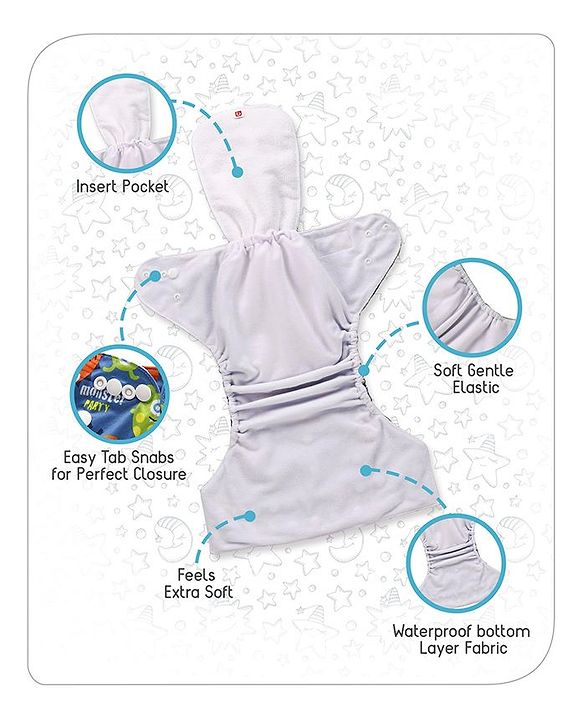 Babyhug Free Size Reusable Cloth Diaper With Insert Monster Print - Blue (Packaging May Vary)