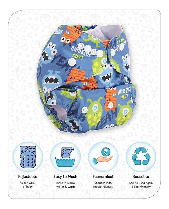 Babyhug Free Size Reusable Cloth Diaper With Insert Monster Print - Blue (Packaging May Vary)