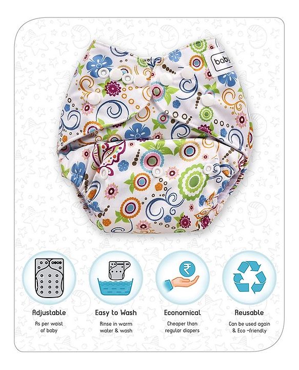 Babyhug Free Size Reusable Cloth Diaper With Insert - White (Packaging May Vary)