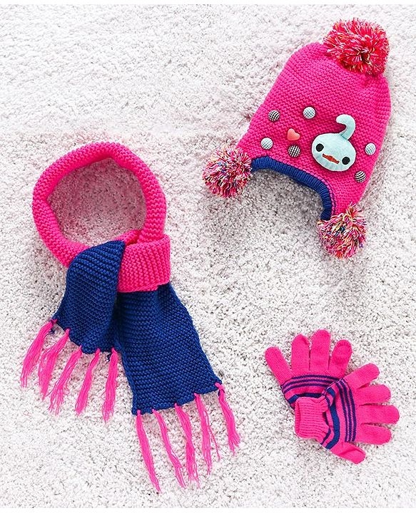 Babyhug Woolen Cap Gloves & Muffler Set Heart Motif - Fuchsia Blue