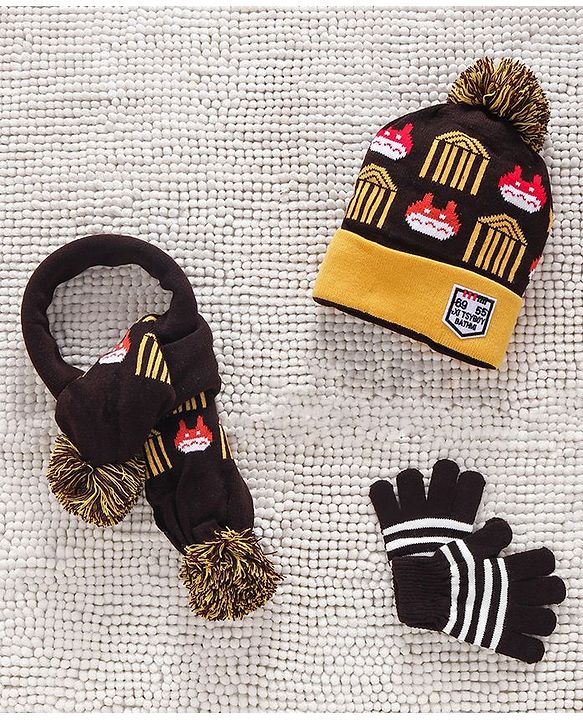 Babyhug Woollen Cap Gloves & Muffler Set Pom Pom Design - Dark Brown