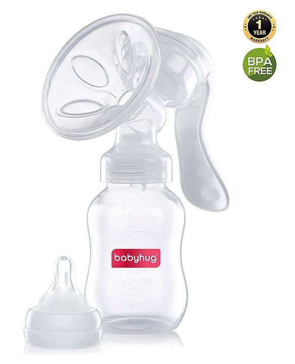 Babyhug Manual Breast pump With 2 Suction Modes- White| Soft Silicon Flange| Quiet Operation| BPA-Free| Anti Back-flow| Sterilazable| Single Hand operation - 150 ml White