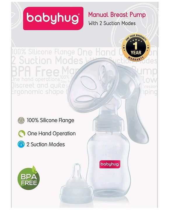 Babyhug Manual Breast pump With 2 Suction Modes- White| Soft Silicon Flange| Quiet Operation| BPA-Free| Anti Back-flow| Sterilazable| Single Hand operation - 150 ml White