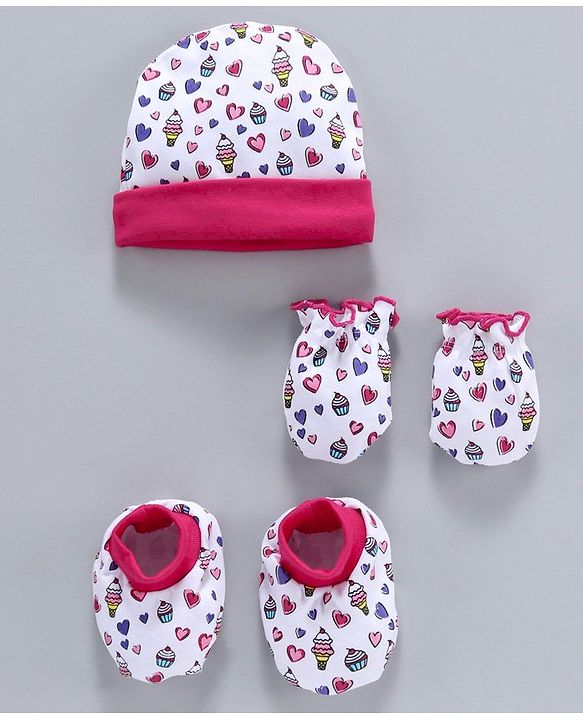 Babyhug 100% Cotton Cap With Mittens & Booties Ice Cream Print White Pink - Diameter 11 cm