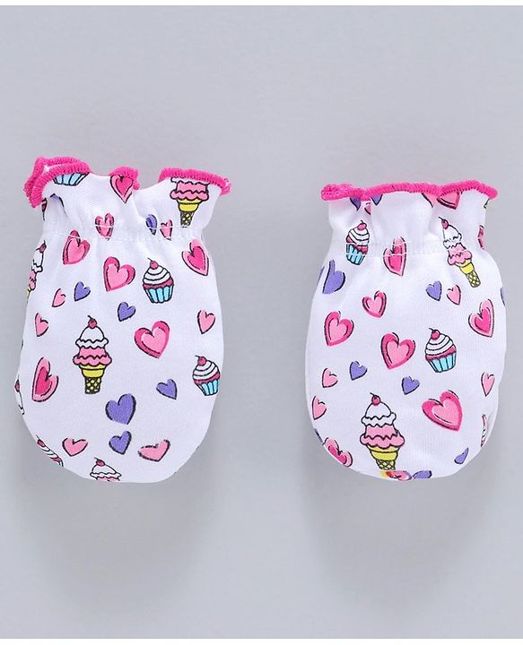Babyhug 100% Cotton Cap With Mittens & Booties Ice Cream Print White Pink - Diameter 11 cm