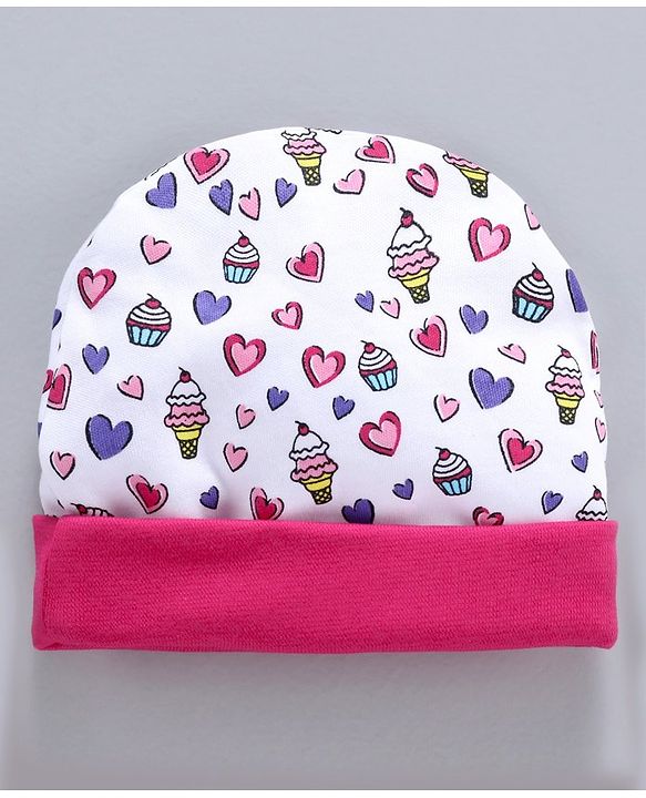Babyhug 100% Cotton Cap With Mittens & Booties Ice Cream Print White Pink - Diameter 11 cm