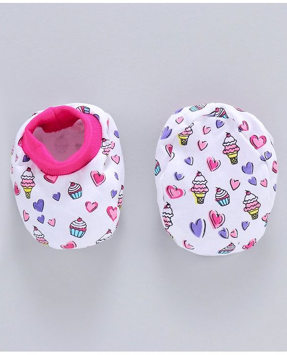 Babyhug 100% Cotton Cap With Mittens & Booties Ice Cream Print White Pink - Diameter 11 cm