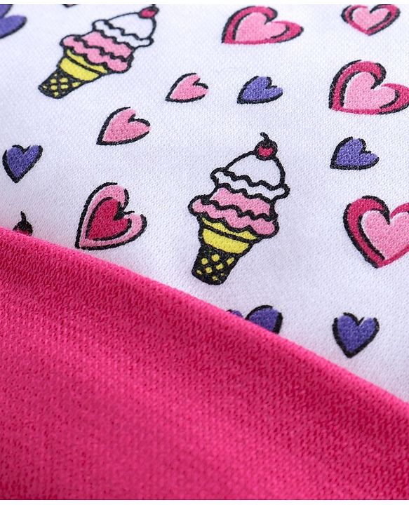 Babyhug 100% Cotton Cap With Mittens & Booties Ice Cream Print White Pink - Diameter 11 cm