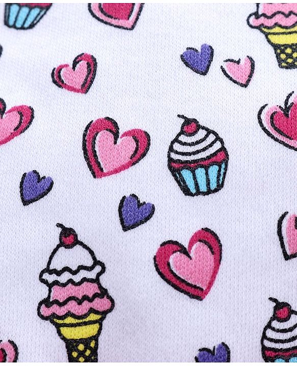 Babyhug 100% Cotton Cap With Mittens & Booties Ice Cream Print White Pink - Diameter 11 cm