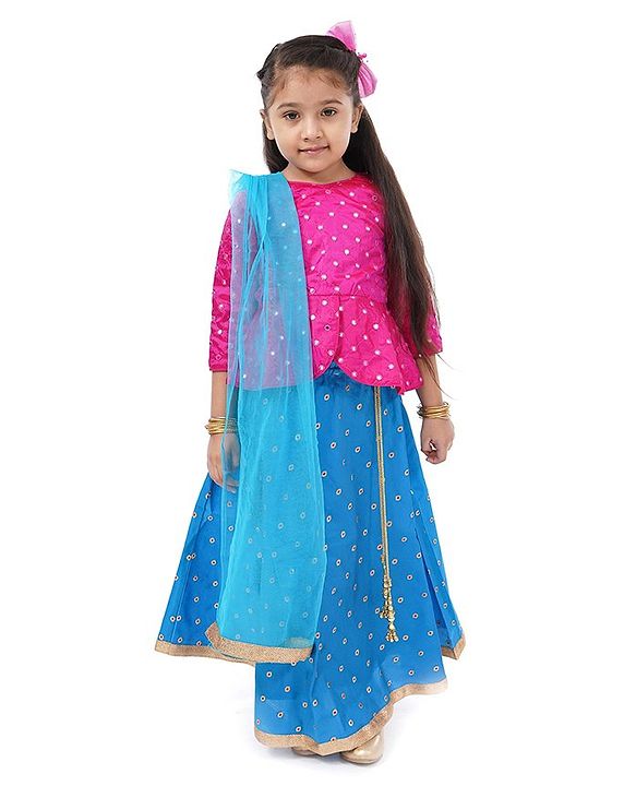 Babyhug Lehenga & 3/4 Sleeves Choli Set With Dupatta Dot Print - Pink Blue