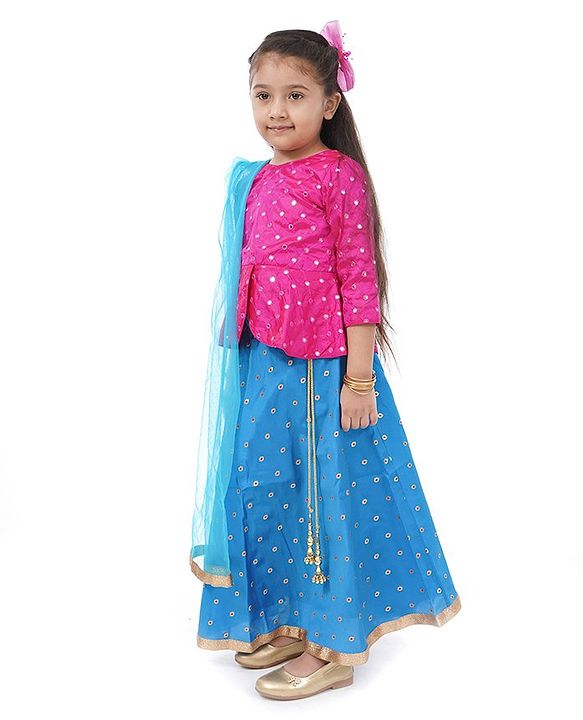 Babyhug Lehenga & 3/4 Sleeves Choli Set With Dupatta Dot Print - Pink Blue