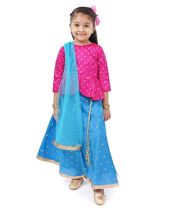Babyhug Lehenga & 3/4 Sleeves Choli Set With Dupatta Dot Print - Pink Blue
