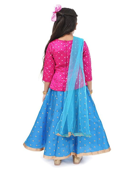 Babyhug Lehenga & 3/4 Sleeves Choli Set With Dupatta Dot Print - Pink Blue