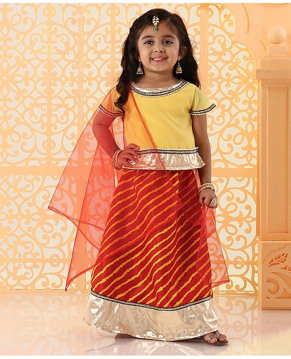 Babyhug Short Sleeves Choli And Lehenga With Dupatta Bead Detailing - Yellow Red