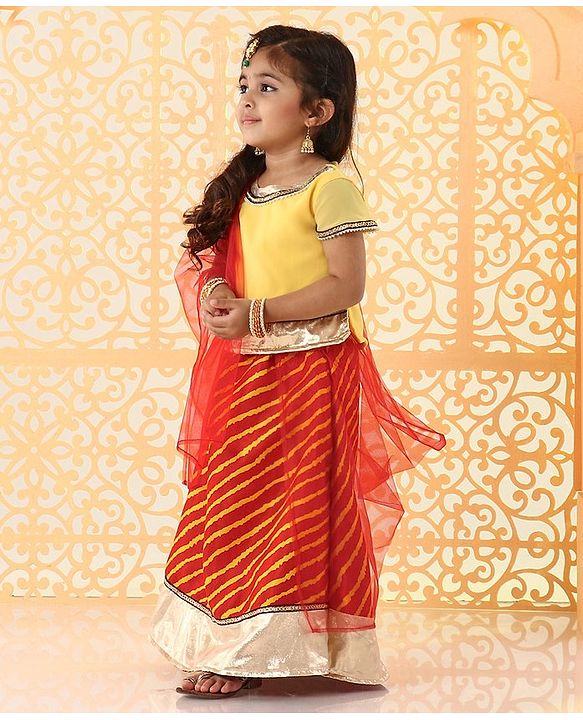 Babyhug Short Sleeves Choli And Lehenga With Dupatta Bead Detailing - Yellow Red