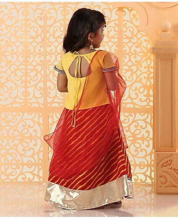 Babyhug Short Sleeves Choli And Lehenga With Dupatta Bead Detailing - Yellow Red