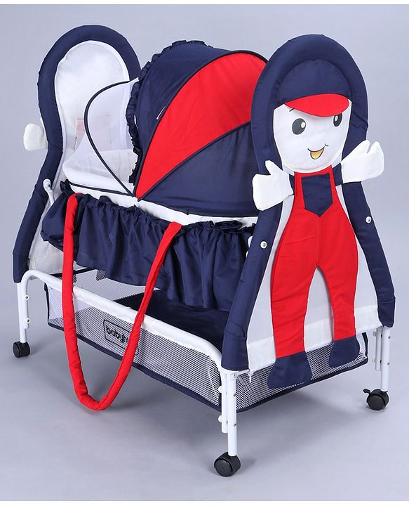 Babyhug Boy Print Cradle with Mosquito Net and Swing Lock Function-Blue Red| Storage Basket| Wheels with Lock| Easy Assembly| Balanced Swing