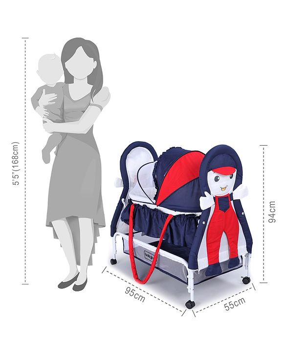 Babyhug Boy Print Cradle with Mosquito Net and Swing Lock Function-Blue Red| Storage Basket| Wheels with Lock| Easy Assembly| Balanced Swing
