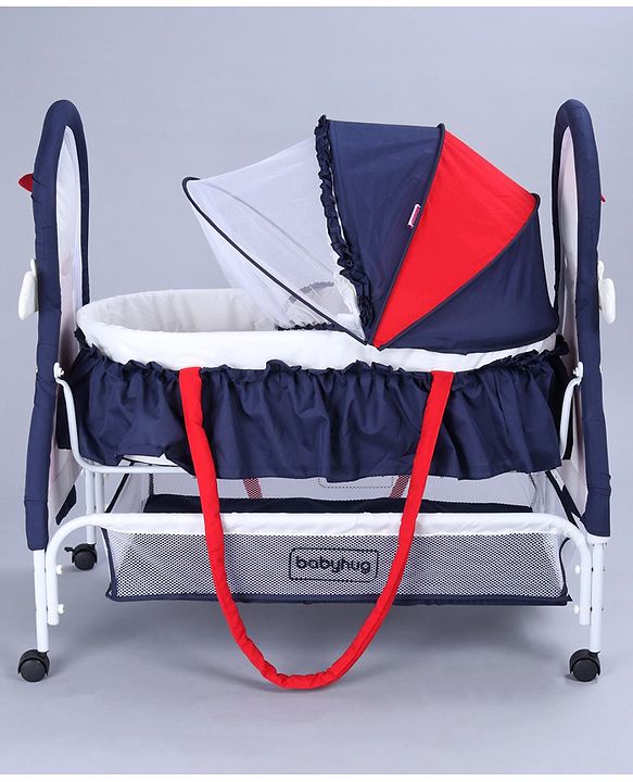 Babyhug Boy Print Cradle with Mosquito Net and Swing Lock Function-Blue Red| Storage Basket| Wheels with Lock| Easy Assembly| Balanced Swing