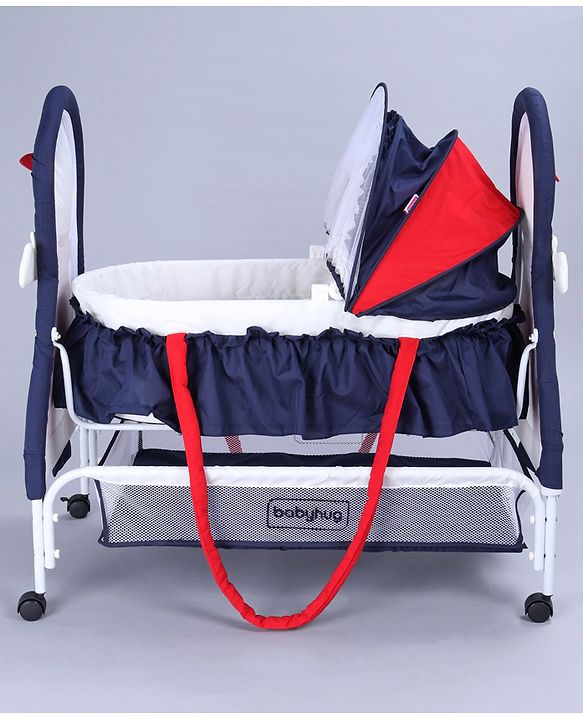 Babyhug Boy Print Cradle with Mosquito Net and Swing Lock Function-Blue Red| Storage Basket| Wheels with Lock| Easy Assembly| Balanced Swing