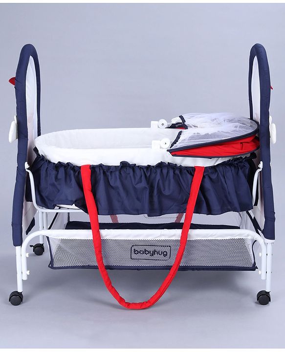 Babyhug Boy Print Cradle with Mosquito Net and Swing Lock Function-Blue Red| Storage Basket| Wheels with Lock| Easy Assembly| Balanced Swing