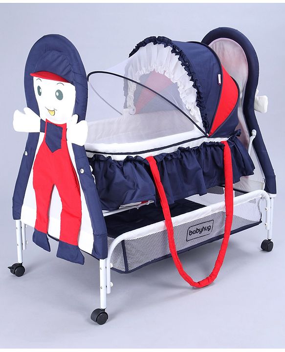 Babyhug Boy Print Cradle with Mosquito Net and Swing Lock Function-Blue Red| Storage Basket| Wheels with Lock| Easy Assembly| Balanced Swing