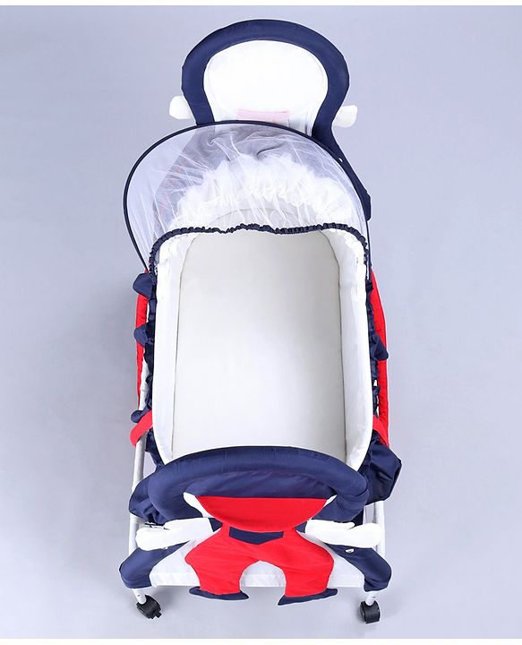 Babyhug Boy Print Cradle with Mosquito Net and Swing Lock Function-Blue Red| Storage Basket| Wheels with Lock| Easy Assembly| Balanced Swing
