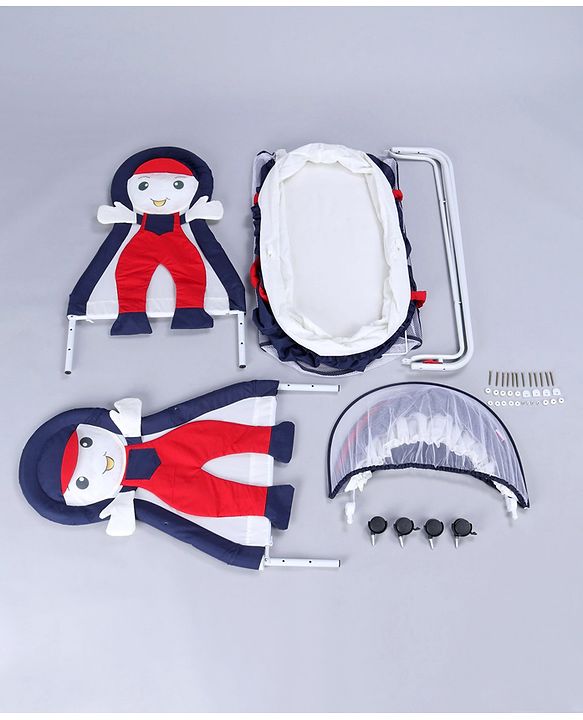 Babyhug Boy Print Cradle with Mosquito Net and Swing Lock Function-Blue Red| Storage Basket| Wheels with Lock| Easy Assembly| Balanced Swing