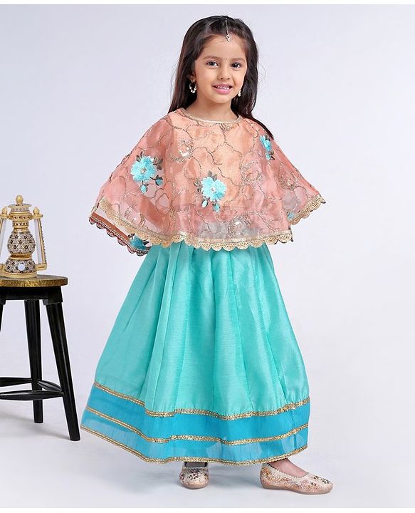 Babyhug Poncho Style Lehenga Set Floral Embroidered - Sea Green