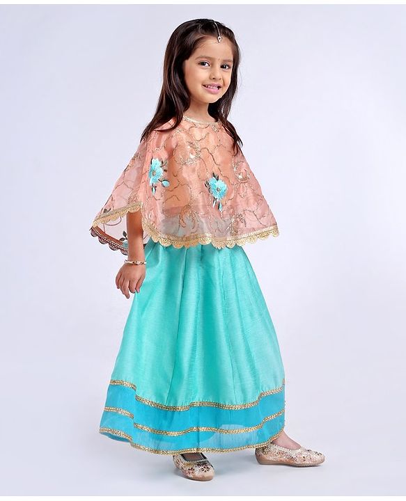 Babyhug Poncho Style Lehenga Set Floral Embroidered - Sea Green