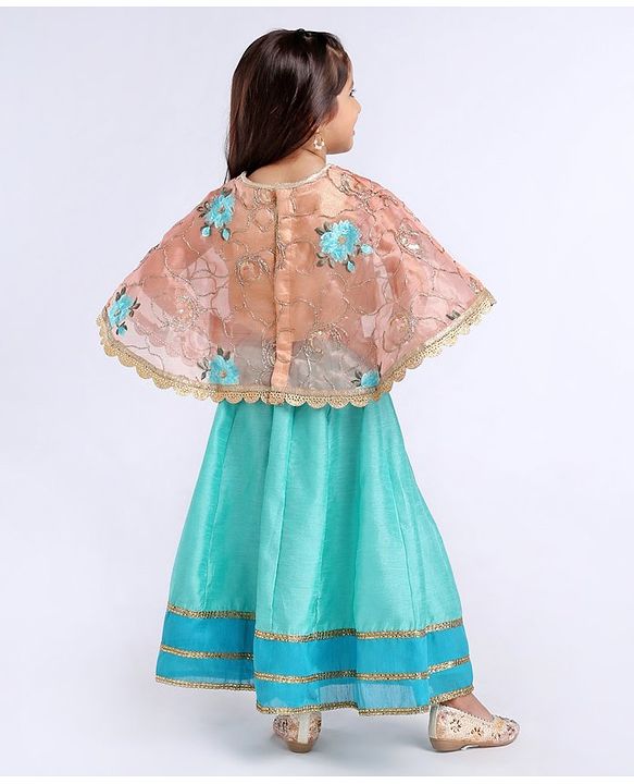 Babyhug Poncho Style Lehenga Set Floral Embroidered - Sea Green