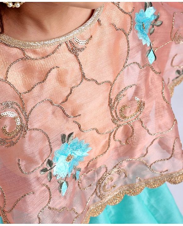 Babyhug Poncho Style Lehenga Set Floral Embroidered - Sea Green