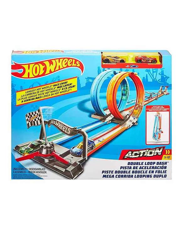  Hot Wheels Double Loop Dash Drag Racing with 2 Vehicles Playset  : Toys & Games