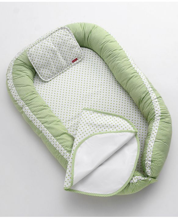 Babyhug Premium 3 Piece Nest Gadda Set With Diaper Changing Mat in Polka Dots Print - Green