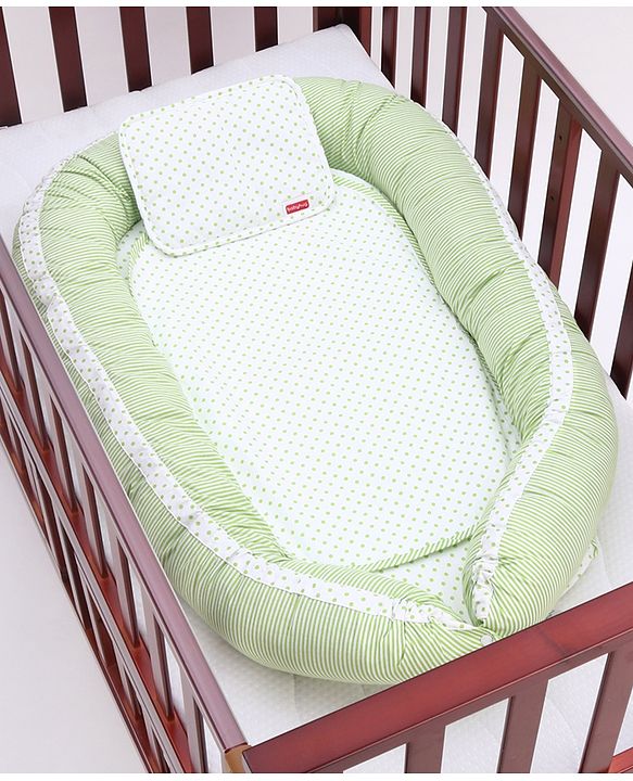 Babyhug Premium 3 Piece Nest Gadda Set With Diaper Changing Mat in Polka Dots Print - Green