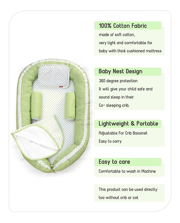 Babyhug Premium 3 Piece Nest Gadda Set With Diaper Changing Mat in Polka Dots Print - Green