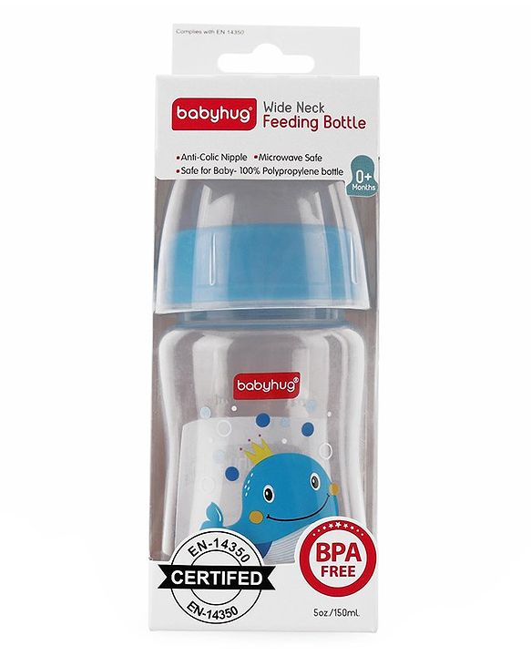 Babyhug Wide Neck Sterilizable Polypropylene Feeding Bottle Blue - 150 ml