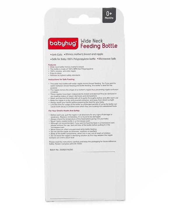 Babyhug Wide Neck Sterilizable Polypropylene Feeding Bottle Pink - 250 ml