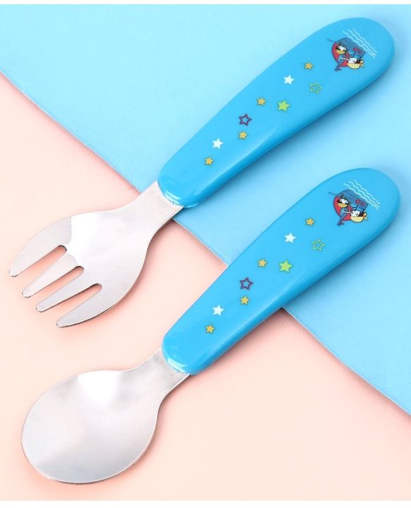 Babyhug Ergo Grip Stainless Steel Spoon & Fork Set - Blue