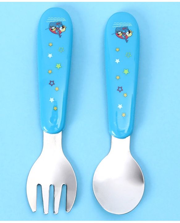 Babyhug Ergo Grip Stainless Steel Spoon & Fork Set - Blue